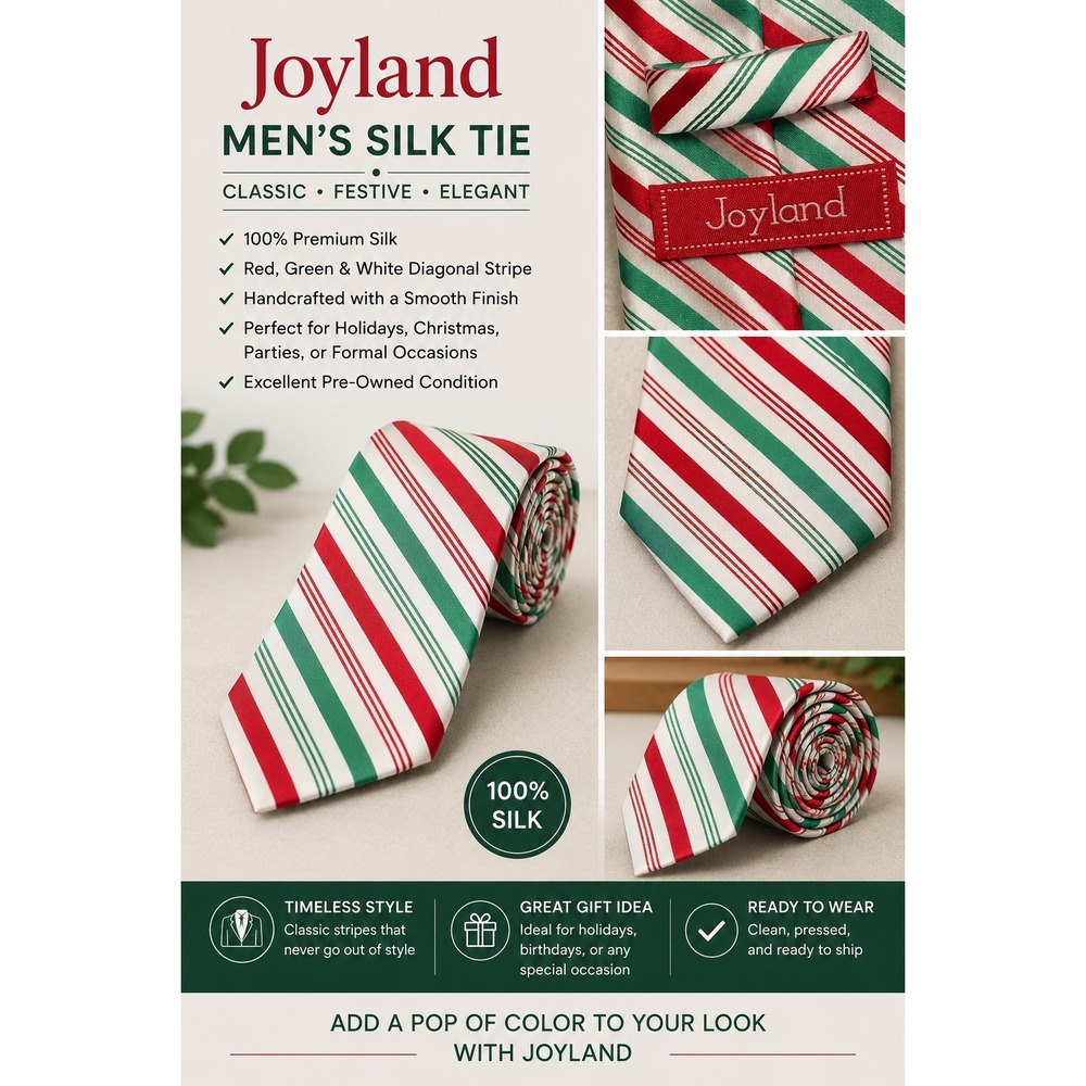 Joyland Mens Silk Tie Red Green White Diagonal Stripe Holiday Christmas Festive